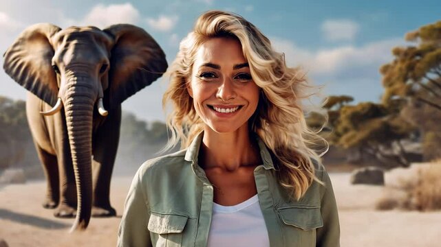 A blonde woman smiling with an elephant in the background in an outdoor safari setting