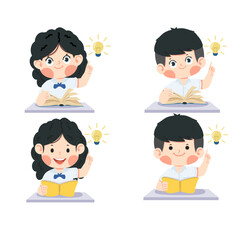 Kids boy student reading book with idea lamp set