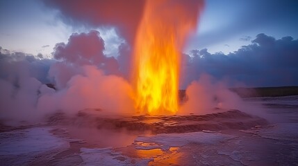 Fiery geyser erupts against a cloudy sky.