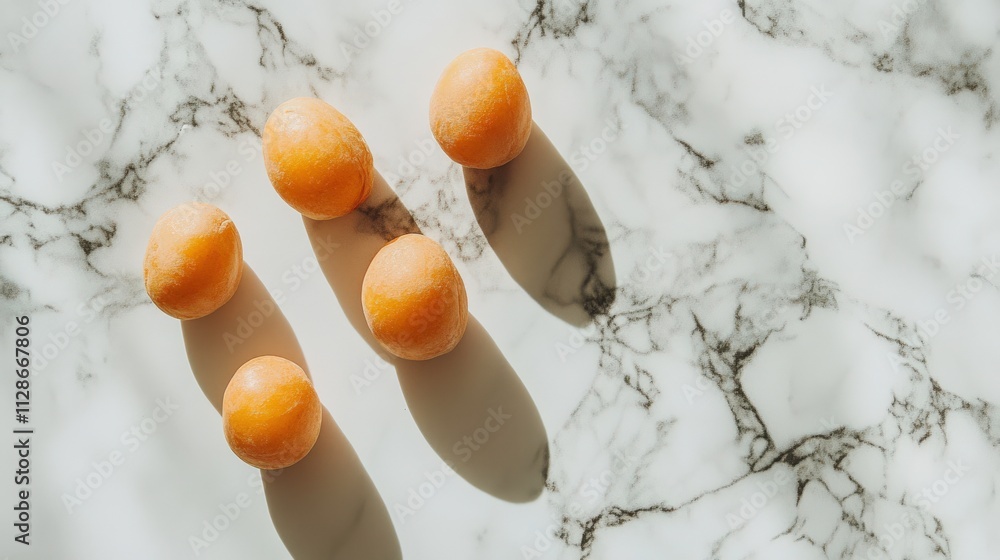 Poster fresh organic eggs with soft orange shells arranged artistically on glossy marble surface capturing 