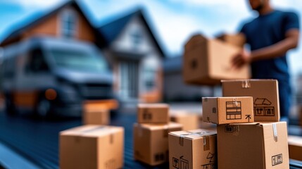 A man is seen unloading cardboard boxes from a delivery truck, representing the essential role of logistics and distribution in contemporary urban living.