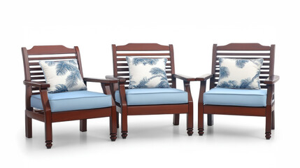 Set of traditional wooden chairs highlighted by blue cushions and palm-patterned pillows, great for classic themed decor in both indoor and outdoor settings.