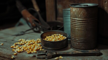 Close-up view of dried corn kernels spilled on a rustic wooden surface near old, rusty cans. The scene evokes a feeling of age and history.