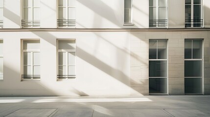 Obraz premium Modern Parisian architecture, minimalist building, complete wall with windows and doors, sunny afternoon light, serene atmosphere, no people around.
