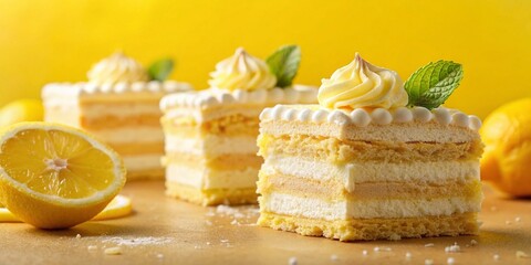 Bright and Delicious Lemon Cake with Creamy Napoleon Cake on a Vibrant Yellow Background Perfect for Dessert Lovers and Culinary Enthusiasts