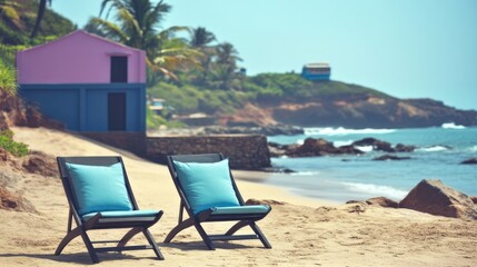 Two beach chairs sit on a sandy shore, facing a tranquil ocean scene with gentle waves, offering idyllic relaxation against vibrant coastal scenery and summer vibes.