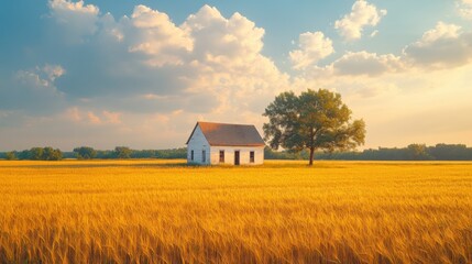 Fototapeta premium Serene Farmhouse Amidst Golden Wheat Fields