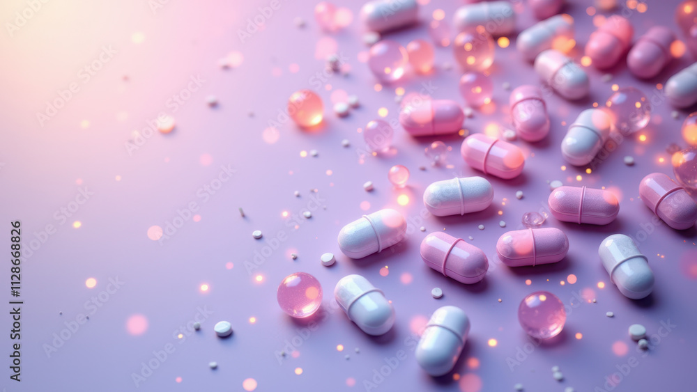 Poster a colorful array of nad supplements scattered on a purple surface with sparkles.