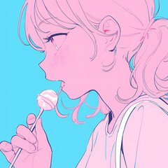 棒付きの飴を舐めている女の子のイラスト
