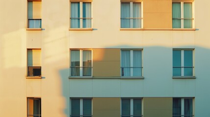Fototapeta premium Modern Parisian architecture, minimalist building, complete wall with windows and doors, warm sunlight, serene urban environment, no people present.