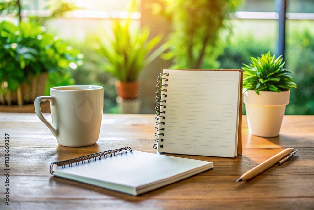 Poster bright and minimalist open white paper notebook on a clean desk with copy space for creative ideas a