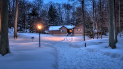 A cozy wooden cabin nestled in the snowy woods, radiating warmth through its windows, illuminated by an evening lantern guiding the way home through the serene forest.