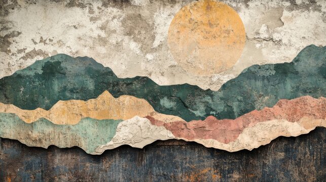 Abstract Mountain Range Mural Painted On Weathered Wall