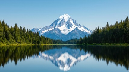 Breathtaking mountain landscape reflecting in tranquil lake under clear blue sky.
