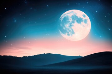 Fototapeta premium An enchanting scene of a full moon gracefully shimmering over gentle hills, with a vast sky adorned by countless stars, blending day and night in serene harmony.