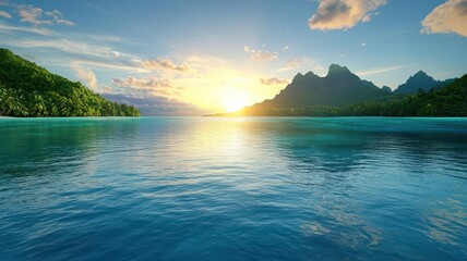 Serene ocean view at sunset with mountains in the background and clear blue water.