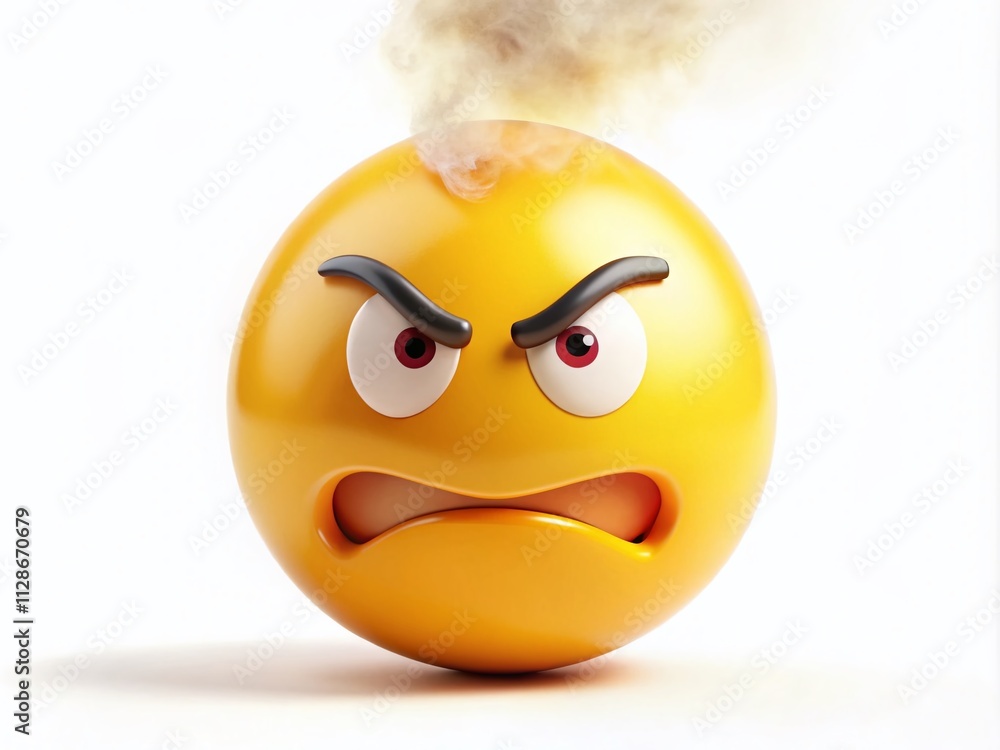 Poster Bright Yellow Angry Face Emoji with Steam on White Background Perfectly Balanced in Rule of Thirds for Capturing Frustration and Emotion in Design and Digital Media