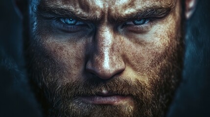 Obraz premium Angry Bearded Man Close-Up Portrait, Dark Moody Atmosphere