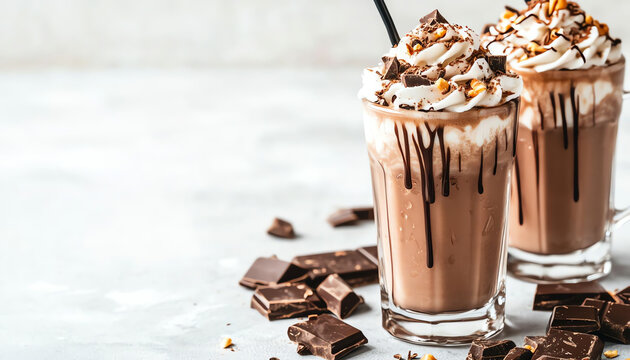 Indulgent chocolate frappes topped with whipped cream and chocolate drizzle, perfect for dessert lovers.
