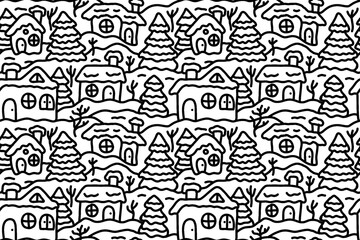 Seamless hand drawn winter pattern. Seamless line art pattern with snow covered houses and firs. 