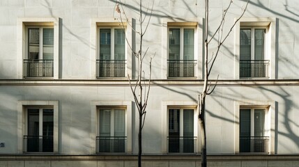 Obraz premium Modern Parisian architecture, minimalist design, complete wall with windows and doors, sunny afternoon light, peaceful urban environment, no people present.