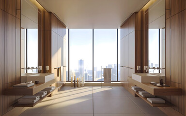 Contemporary bathroom with wood paneling, dual sinks, and mirrors. Minimalist style. City view from large windows. 3D Rendering