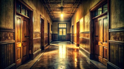 Fototapeta premium Vintage Hospital Corridor, Empty Hallway, Wooden Doors, Retro Medical, Old Building, Abandoned Interior, Nostalgic Atmosphere, Medical History, Dark Wood, Aged Building
