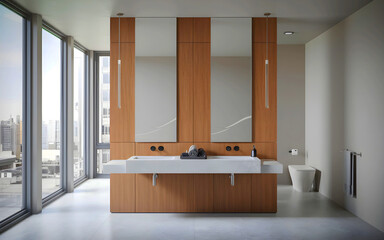 Contemporary bathroom with wood paneling, dual sinks, and mirrors. Minimalist style. City view from large windows. 3D Rendering