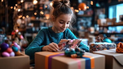 A young girl delights in unwrapping a colorful gift, embodying childlike joy, innocence, and the spirit of surprise during festive celebrations or special occasions with loved ones.