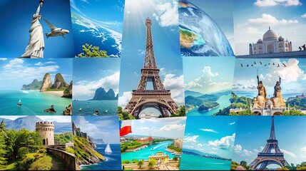 A collage of various famous landmarks and travel destinations around the world.
