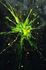 Neon green splashes with bold yellow points on charcoal.