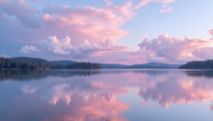 Serene lake landscape with mirrored clouds and pastel sky background during sunset