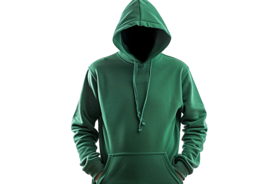 Man in a cozy green hoodie with a relaxed vibe and hands in pockets isolated on transparent background