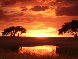 Fototapeta premium stunning sunset over tranquil pond, surrounded by trees and grass