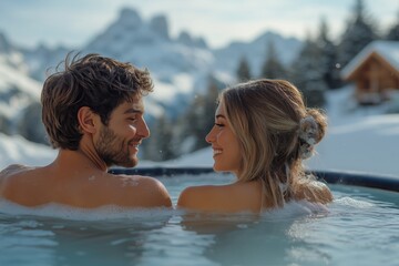 Fototapeta premium Young man and woman enjoying a romantic moment in a hot tub surrounded by a snowy mountain landscape, creating a serene and luxurious winter getaway experience
