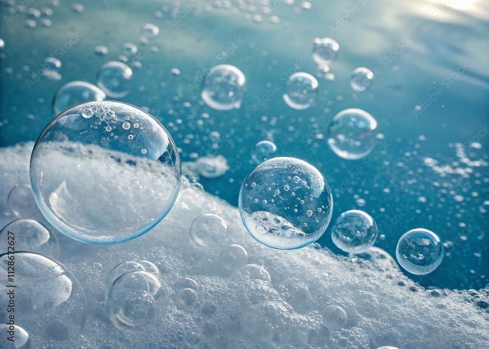 Poster bubbles in blue: a soothing abstract background of effervescent soap texture and fizzy water pattern