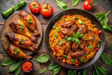 Fototapeta premium West African Jollof Rice Feast: Grilled Chicken Wings, Fried Plantains, Stone Table Top View