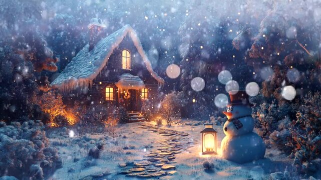 Snowy cabin glowing with lantern light in winter forest. Holiday theme  Seamless looping 4k time-lapse animation video background