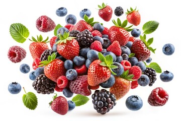 Obraz premium Wild Berry Mix Falling, Fresh Strawberries Raspberries Blueberries Blackberries, Isolated White Background Product Photography