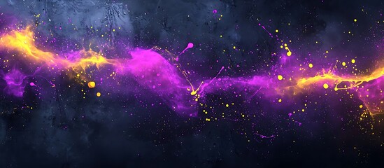 Neon purple and yellow splashes over solid deep gray.