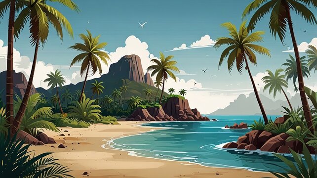 Tropical island illustration with palm trees, flat cartoon style, colorful and inviting.  