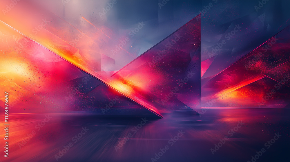 Wall mural crimson and pink geometric shards in a dynamic abstract composition under a surreal gradient sky