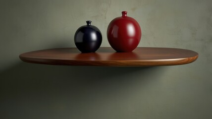 Two ceramic vases, red and blue, on a wooden shelf against a textured wall.