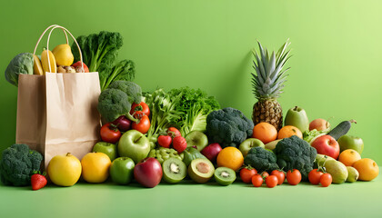 Fresh produce in paper bag and on green background