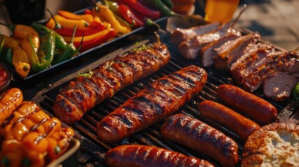 Delicious grilled meats and vegetables sizzling on a barbecue. A perfect summer feast!