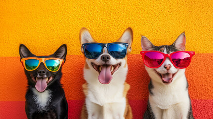 Colorful, vibrant portrait of funny twp dogs and one cat in bright sunglasses smiling, sticking out their tongue, standing against a bright wall. providing a candid snapshot of joy. pet concept