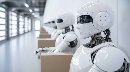 White Robots in Modern Warehouse, AI Automation