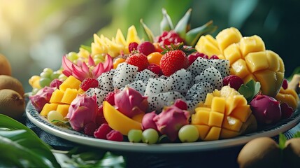 Fototapeta premium A vibrant array of fresh-cut tropical fruits, including dragon fruit, mango, strawberries, and raspberries, arranged on a platter. A feast for the eyes!
