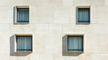 Modern Parisian architecture, minimalist design, complete wall with windows and doors, warm sunlight, serene urban environment, no people around.