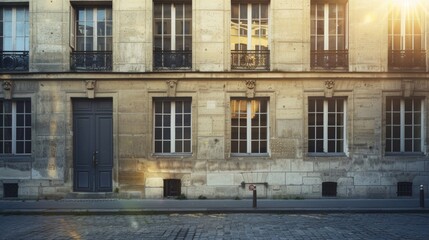 Modern Parisian architecture, minimalist design, complete wall with windows and doors, warm sunlight, serene atmosphere, no people present.